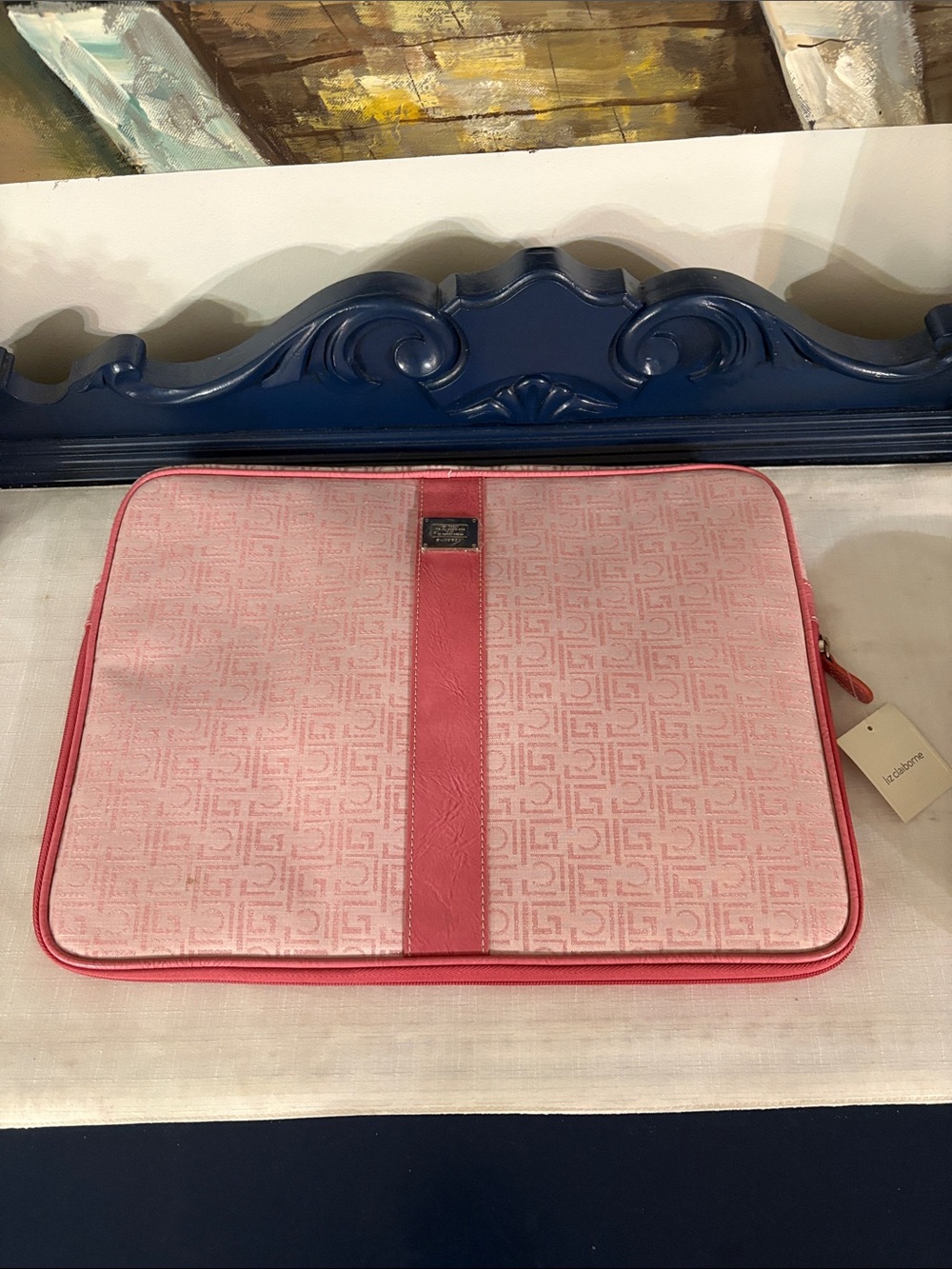 Vintage Liz Claiborne Pink Monogram Laptop Sleeve with faux leather Trim NWT